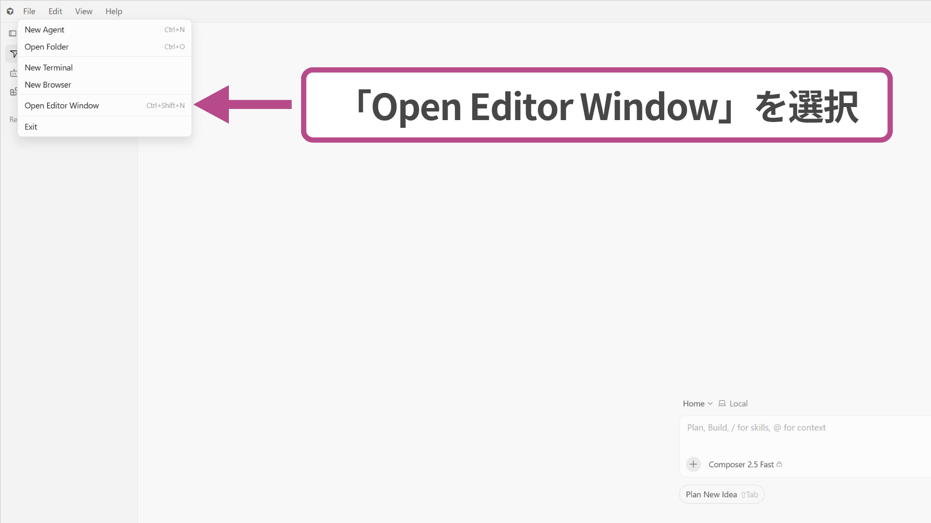 Open Editor Windowを選択する画面