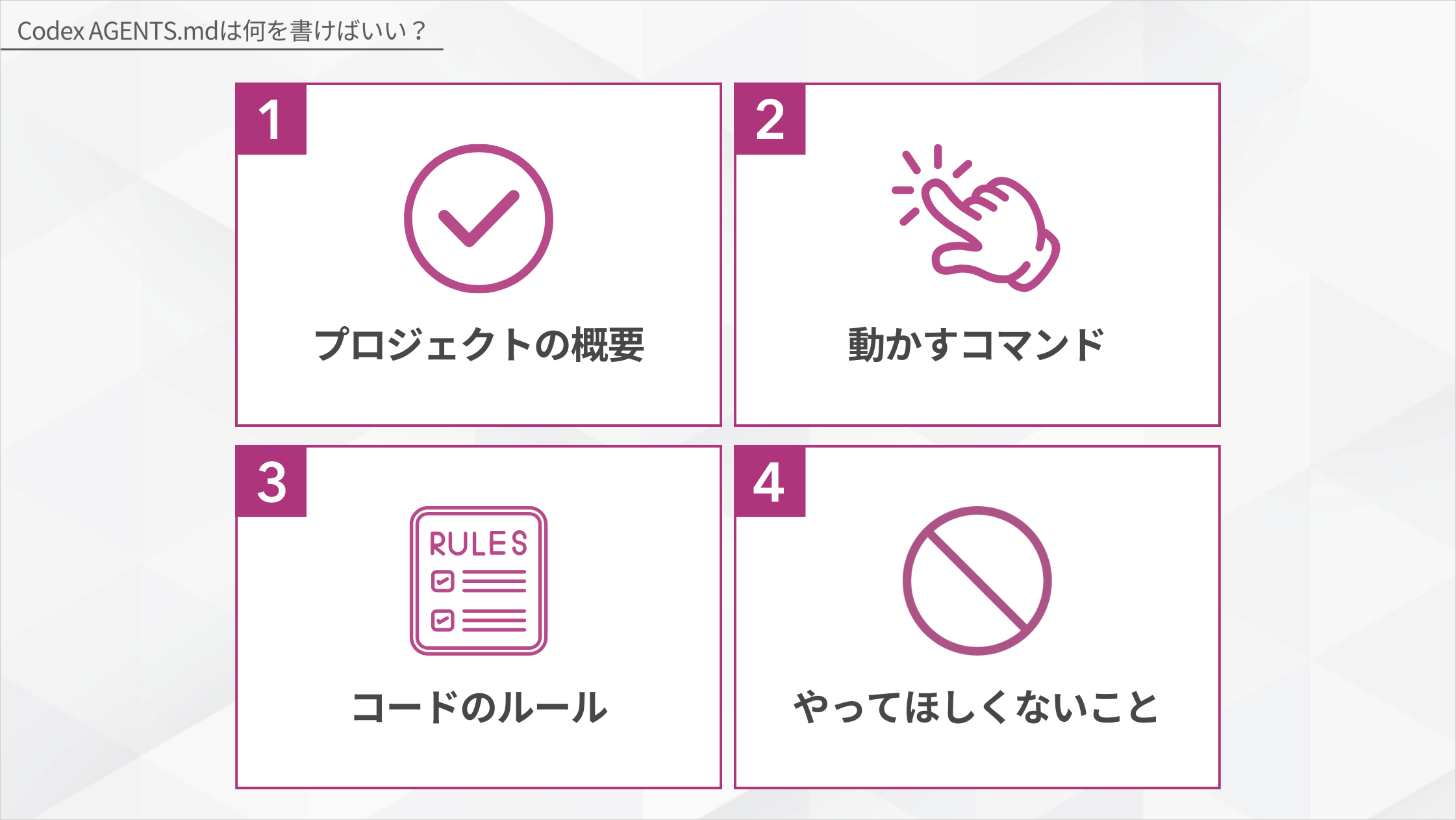Codex AGENTS.mdは何を書けばいい？書く内容の4つの項目