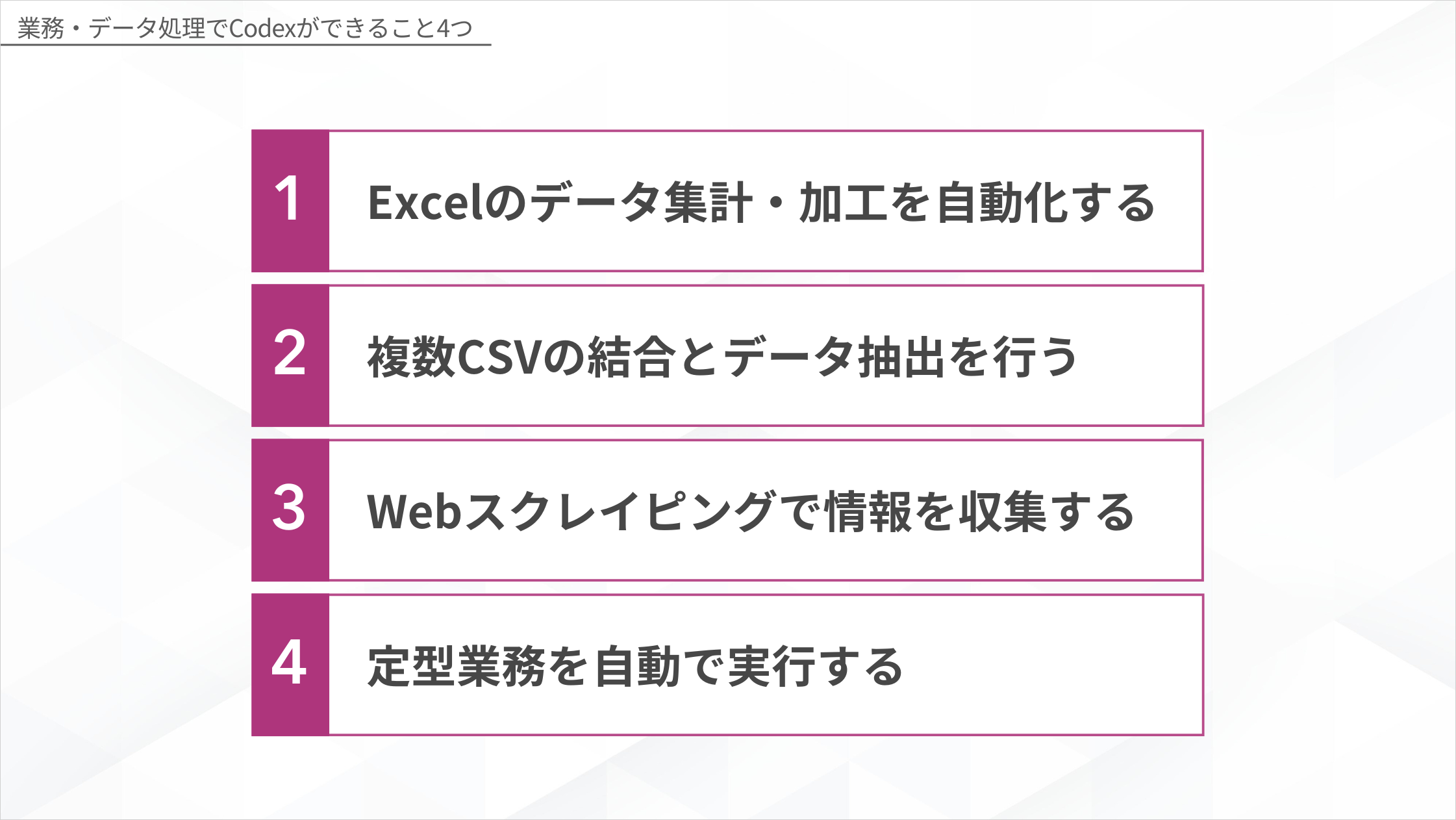 業務・データ処理でCodexができること4つの図解。Excelのデータ集計・加工の自動化、複数CSVの結合とデータ抽出、Webスクレイピングによる情報収集、定型業務の自動実行