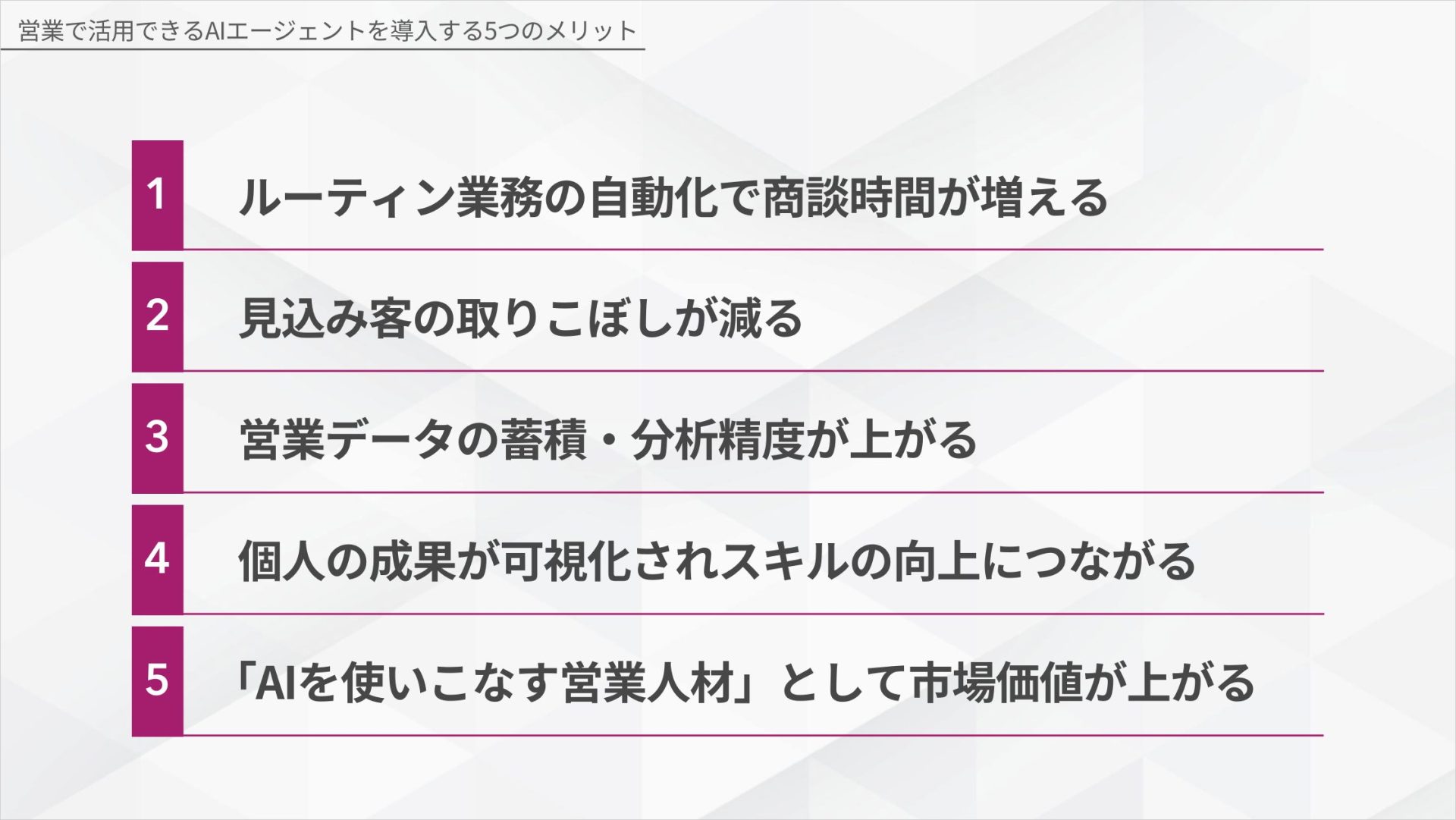 営業AIエージェントを導入する5つのメリット一覧