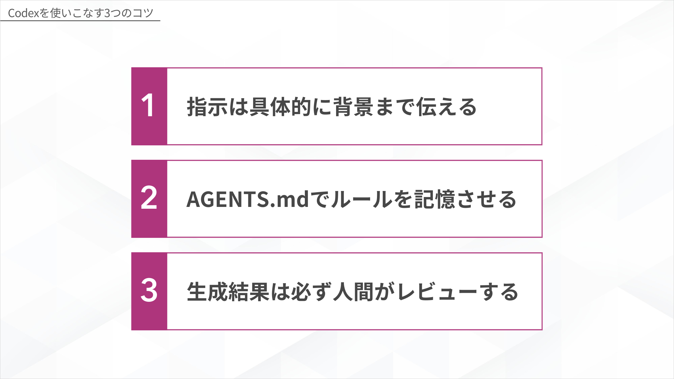 Codexを使いこなす3つのコツの図解。具体的な背景まで含めた指示の出し方、AGENTS.mdでCodexにルールを記憶させる方法、生成結果は必ず人間がレビューする