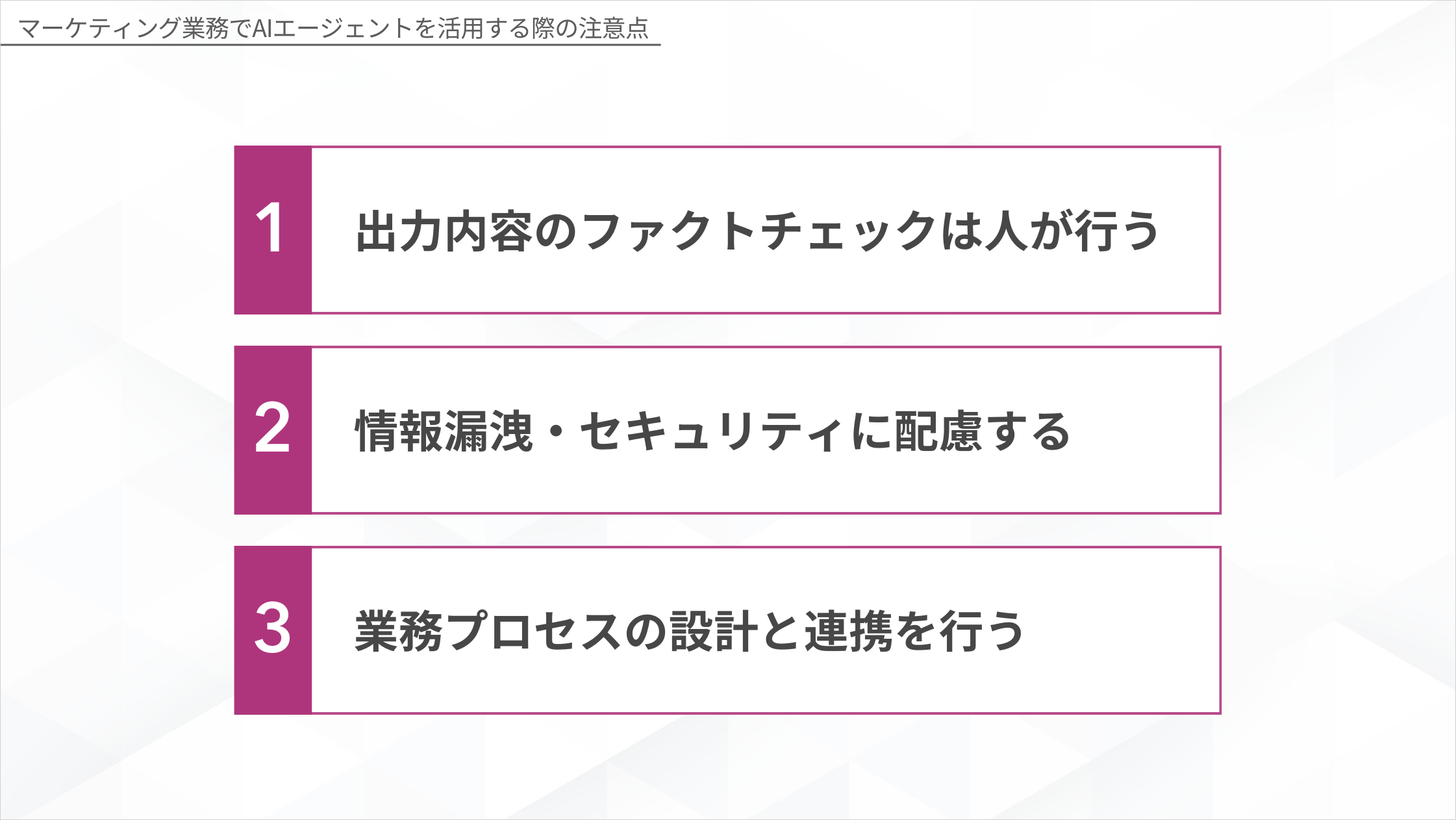 マーケティングでAIエージェントを活用する際の注意点3つの図解。出力内容のファクトチェックは人が行う、情報漏洩・セキュリティに配慮する、業務プロセスの設計と連携を行う