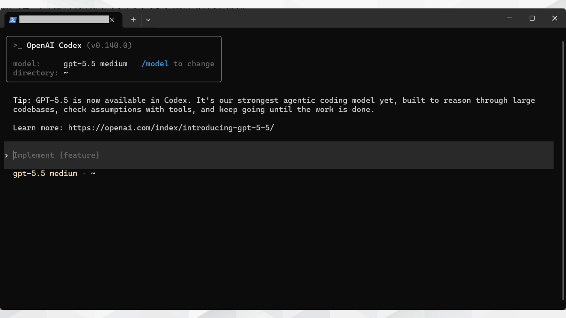 ターミナルで起動したCodex CLI。モデルgpt-5.5とプロンプト入力欄