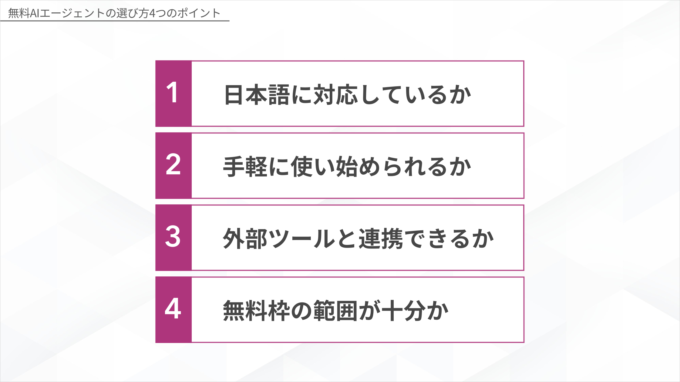 無料AIエージェントの選び方4つのポイント（日本語対応・手軽さ・外部連携・無料枠）の図解