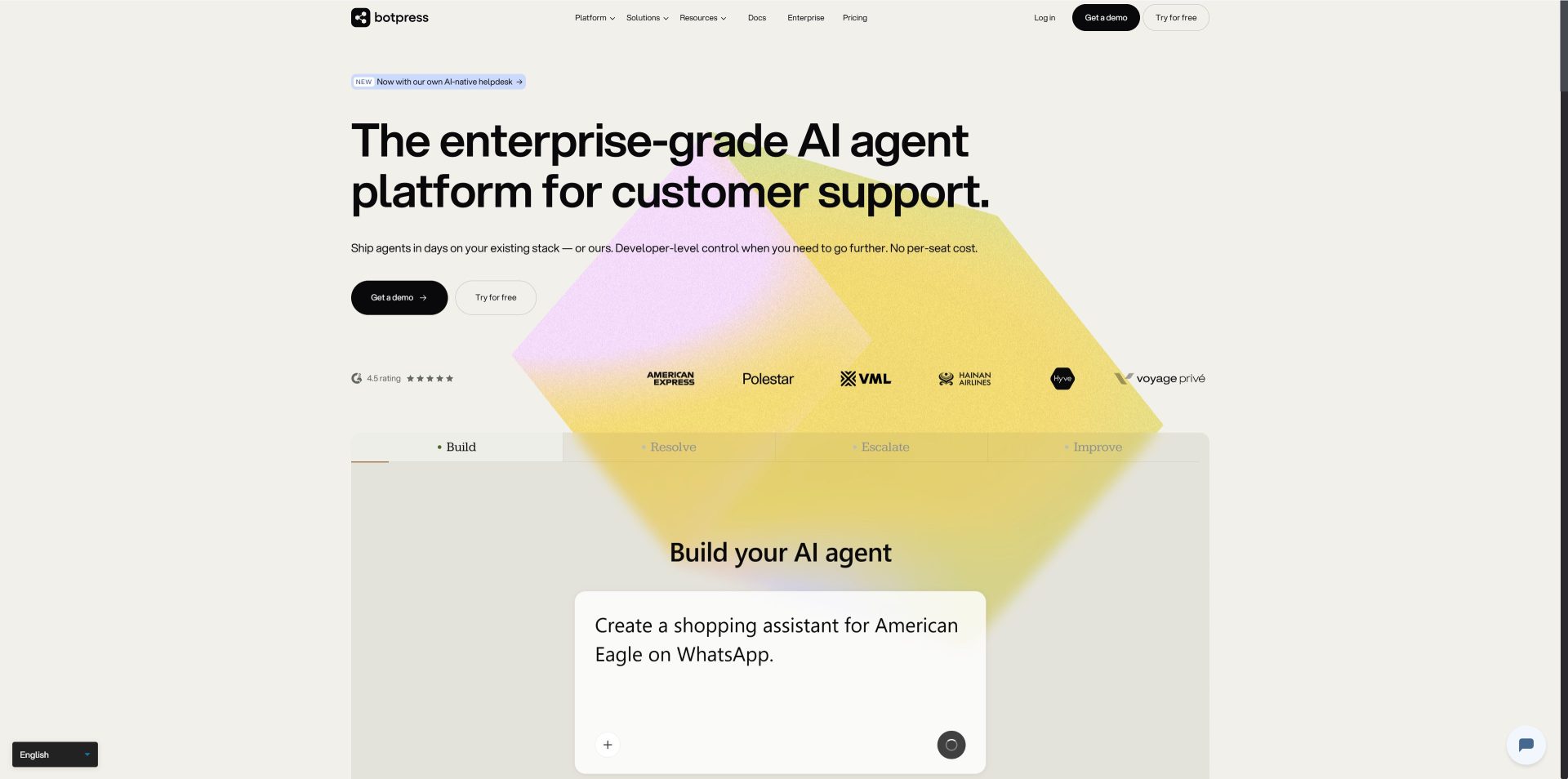 Botpressの公式サイトトップで、会話型AIエージェントを構築できるプラットフォーム紹介画面