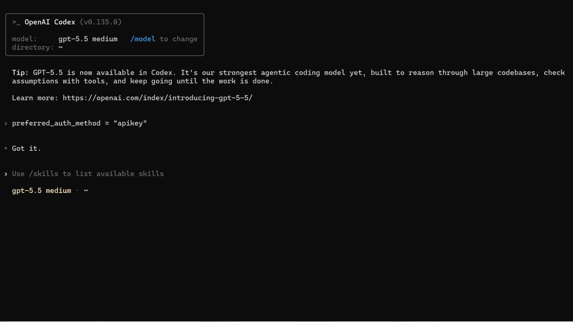 Codex CLIを起動し、preferred_auth_methodがapikeyに切り替わった状態の画面