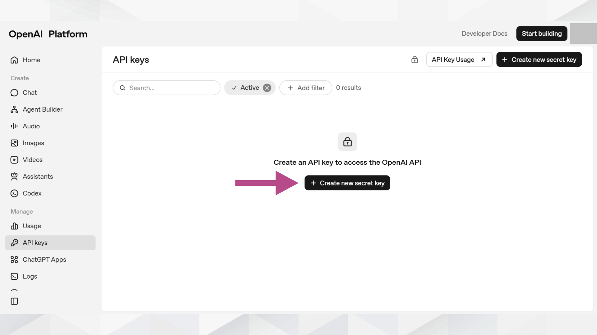 OpenAI PlatformのAPI keys画面で「Create new secret key」ボタンを矢印で示した画面