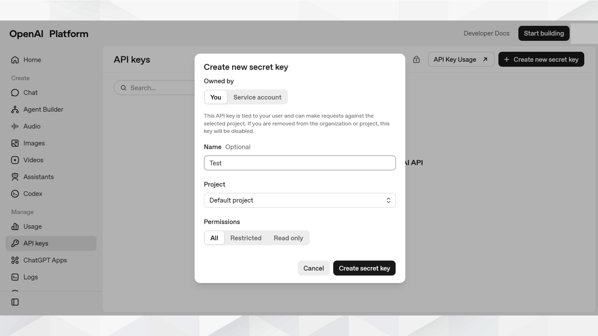 「Create new secret key」ダイアログでキー名を入力し、権限をAllに設定する画面