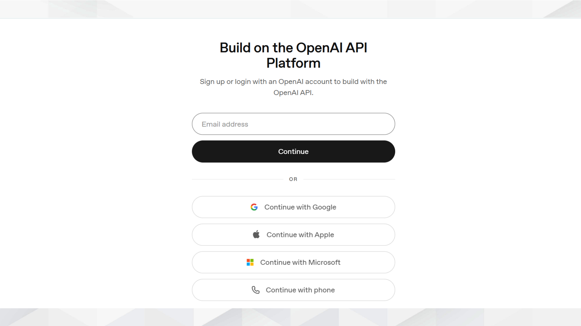 OpenAI Platformのログイン画面。メールアドレスやGoogle・Apple・Microsoftアカウントでサインインできる