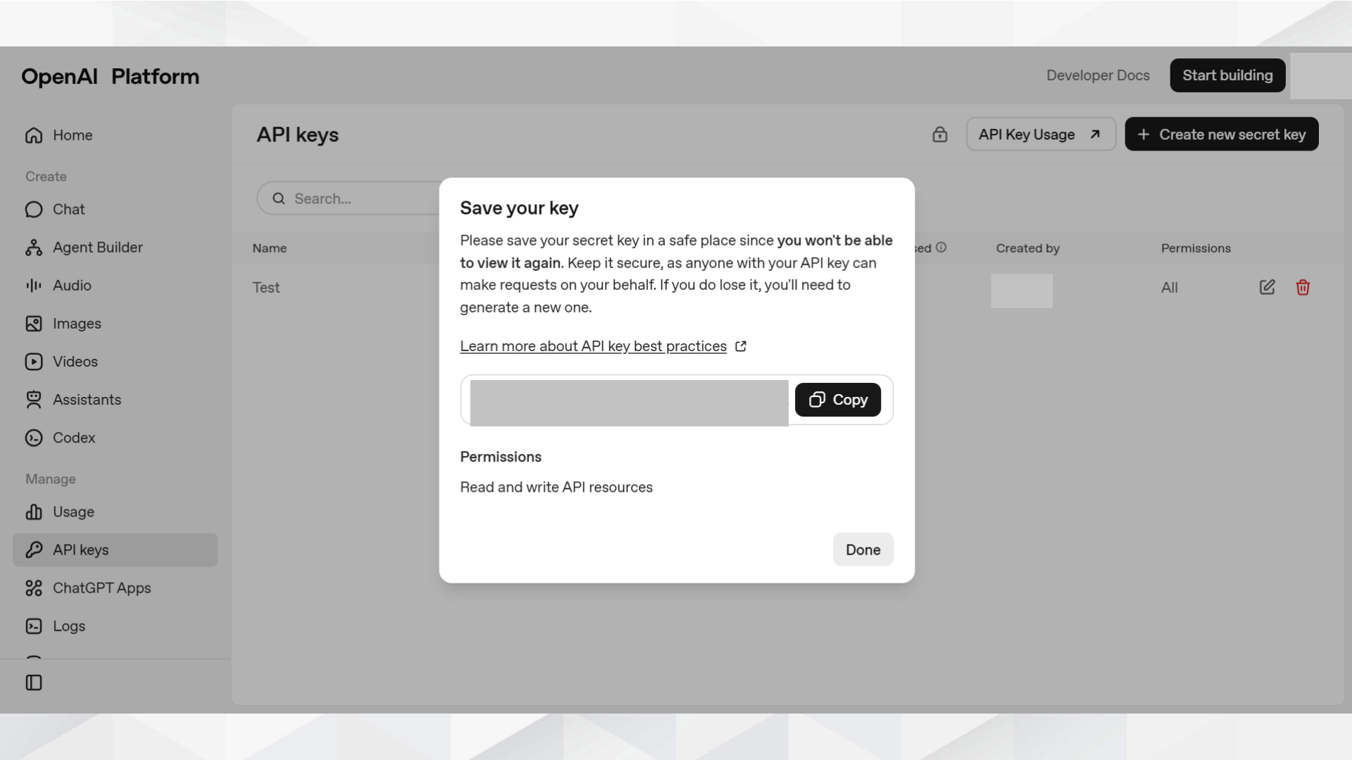 発行したAPIキーを表示する「Save your key」ダイアログ。キーは再表示できないため安全な場所に保存する