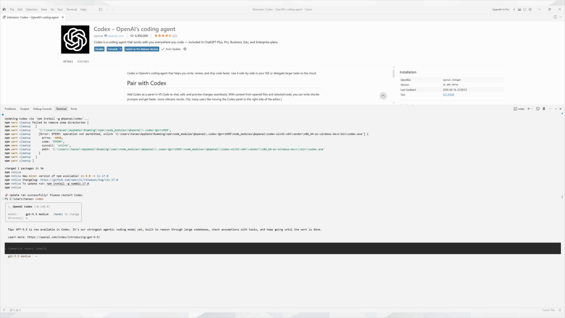 CursorにCodex拡張機能をインストールした画面とターミナル