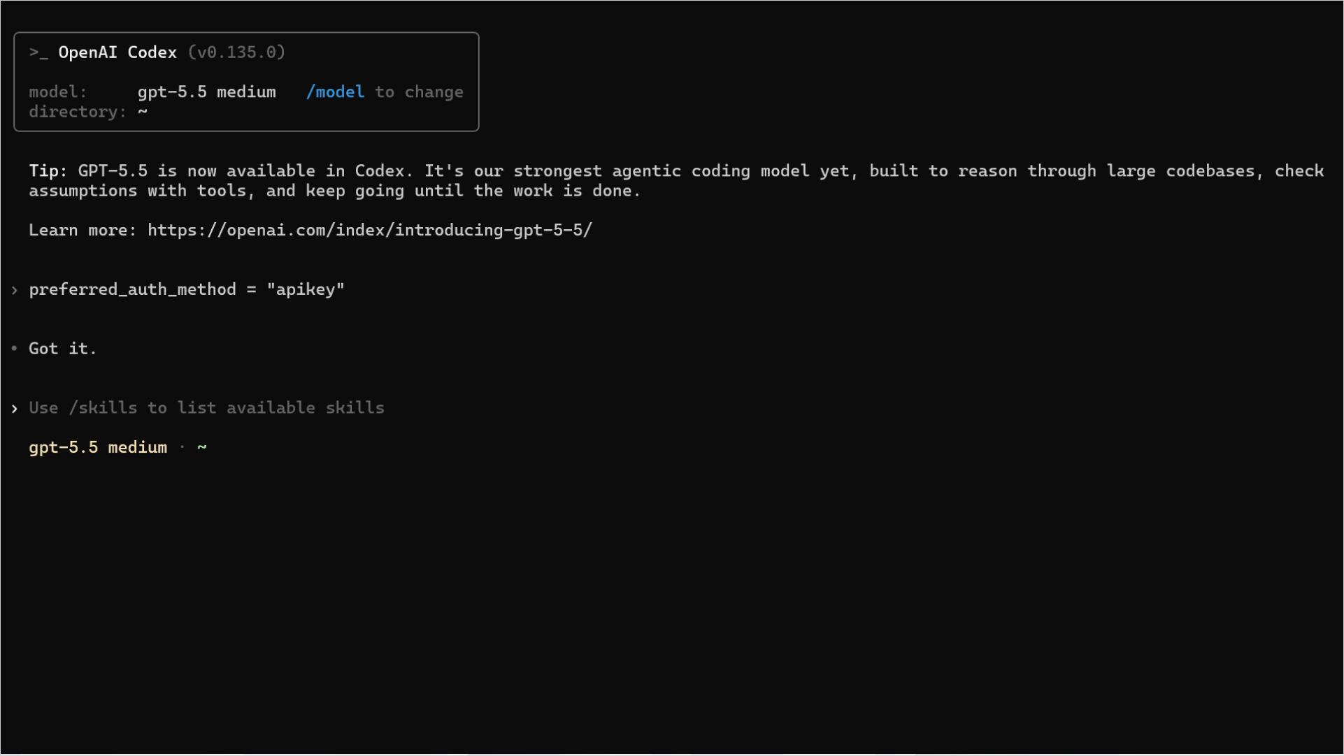 Codex CLIをターミナルで起動した画面