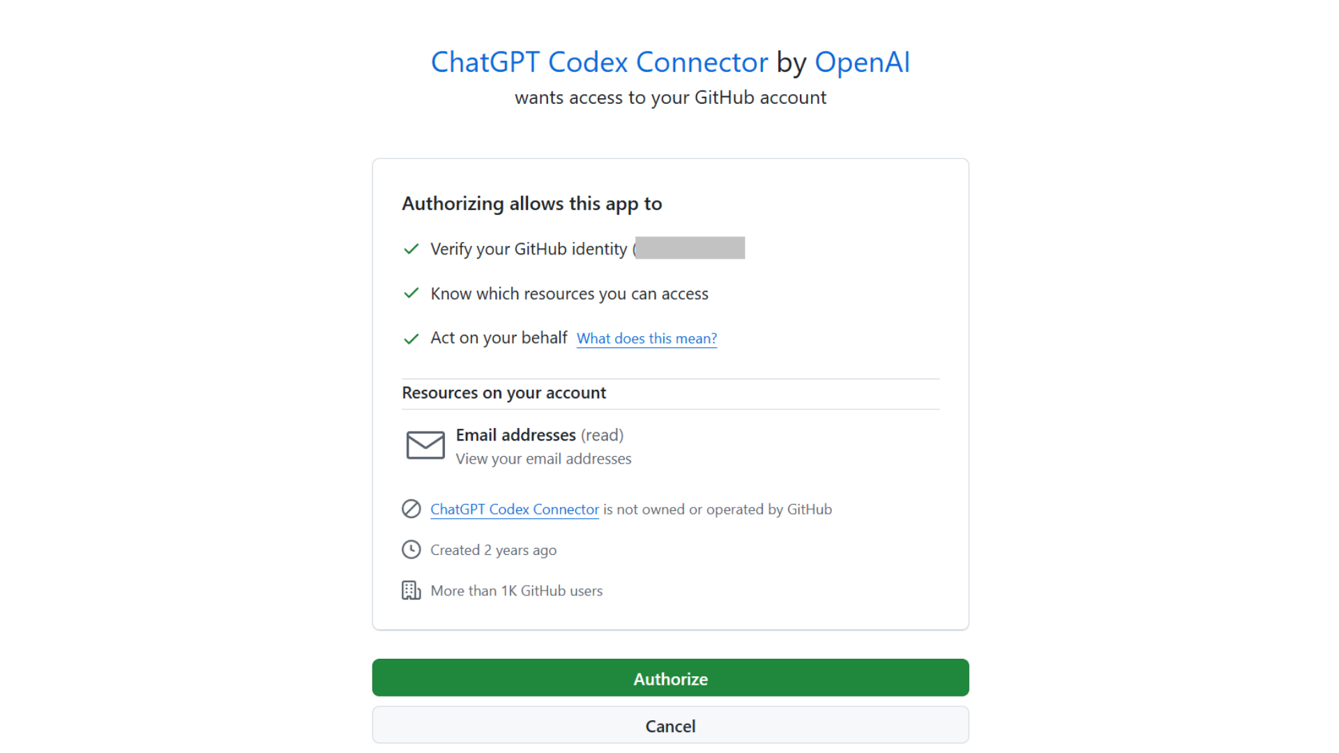 ChatGPT Codex ConnectorのGitHub認証画面（Authorizeボタン）