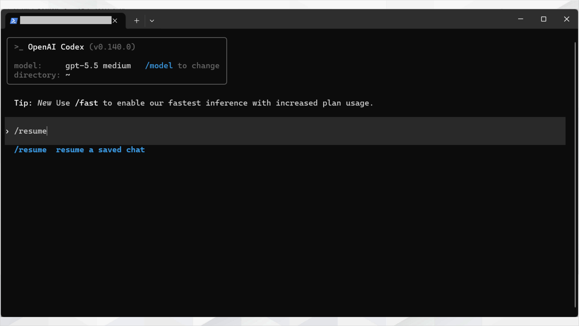 Codex CLIで/resumeを入力し保存した会話を再開する画面