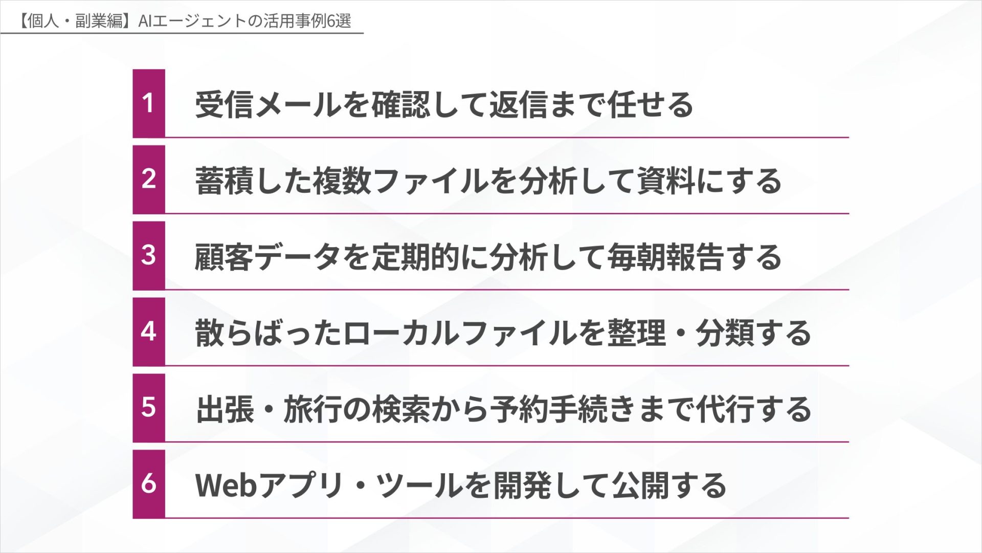 個人・副業で使えるAIエージェントの活用事例6選の図解