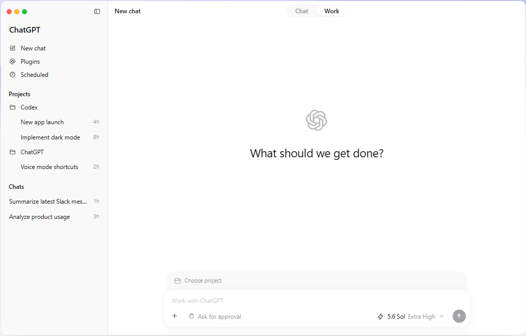 ChatGPTアプリのWorkモードの画面。左にCodexとChatGPTのプロジェクトが並ぶ