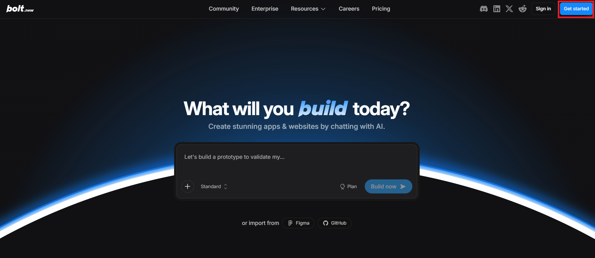 バイブコーディングツールのトップページでGet startedをクリックする画面
