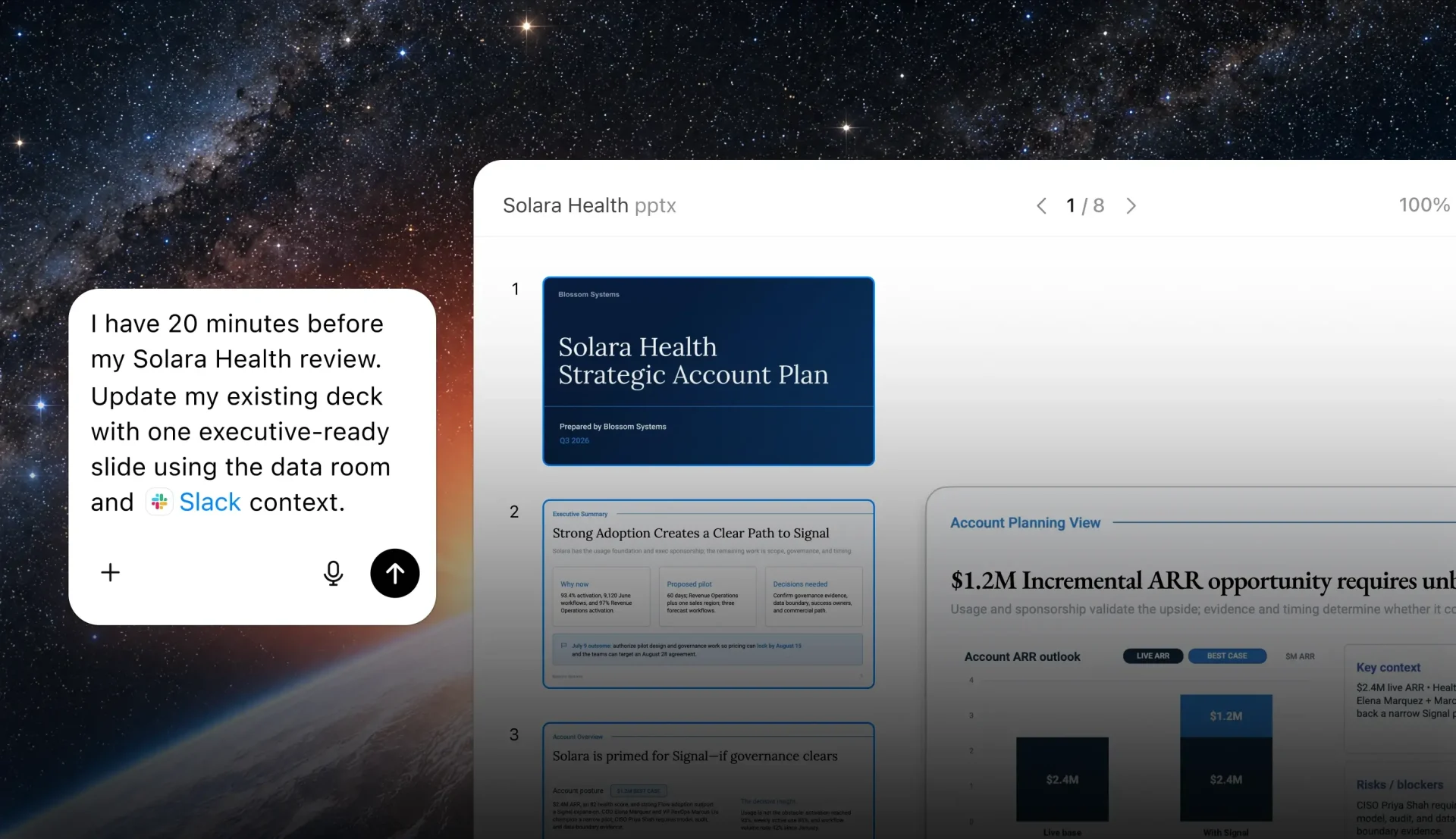 OpenAI公式サイトに掲載されたChatGPT Workでプレゼン資料を更新するデモ画面