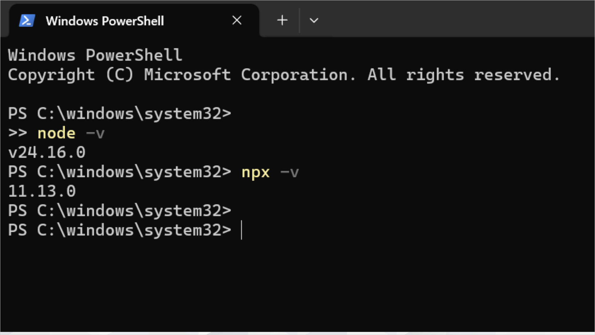 PowerShellでnode -vとnpx -vを実行しバージョン番号が表示された画面
