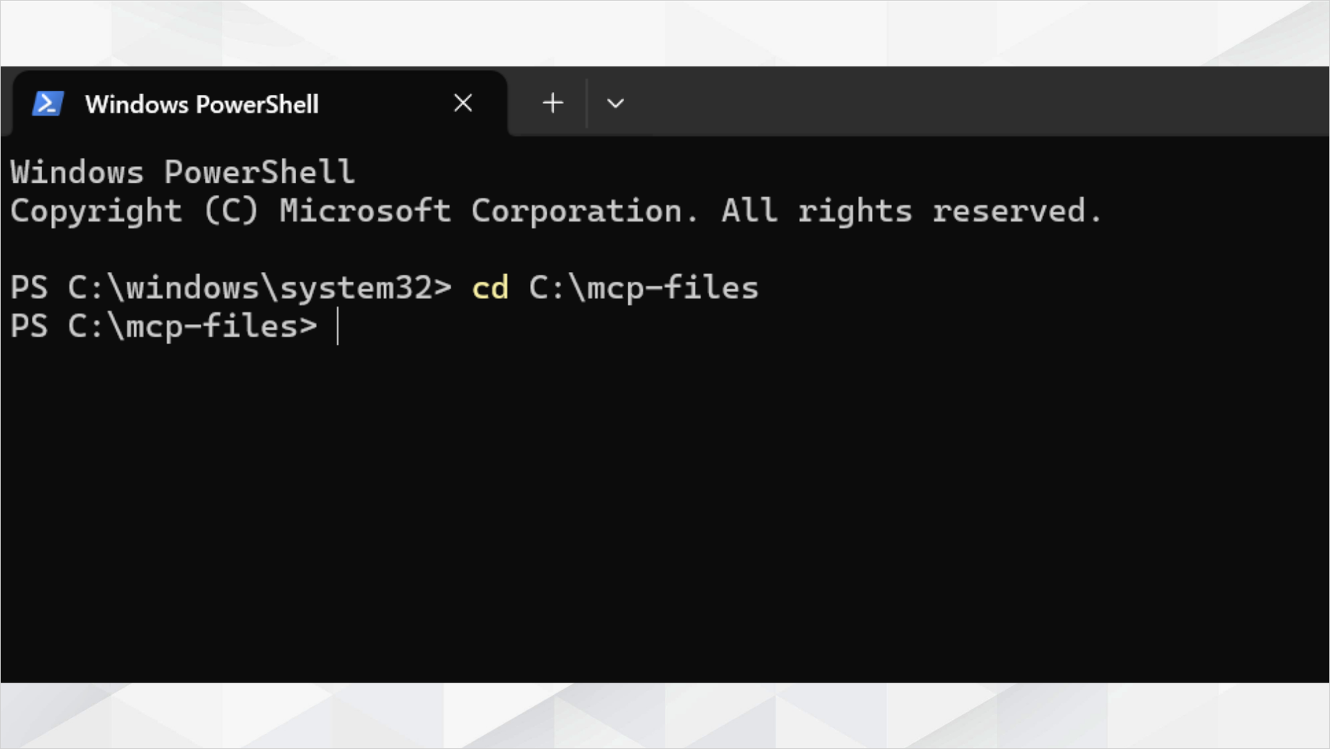 PowerShellでcd C:\mcp-filesを実行しカレントフォルダを移動した画面
