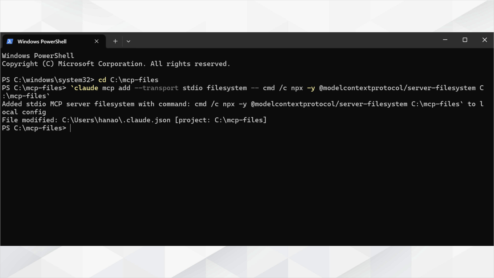 claude mcp addでFilesystem MCPサーバーを追加し登録完了メッセージが表示された画面