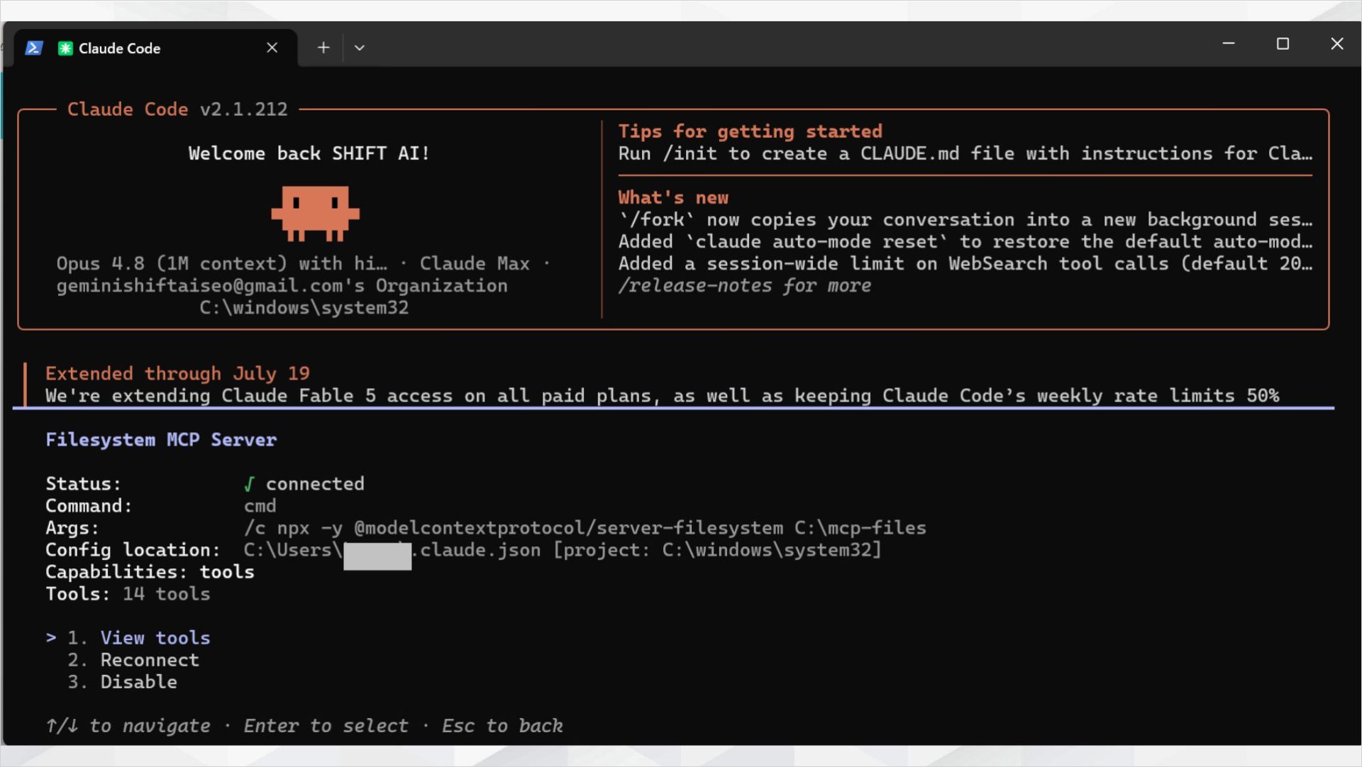 Filesystem MCPサーバーの詳細画面でStatusがconnectedと表示された画面