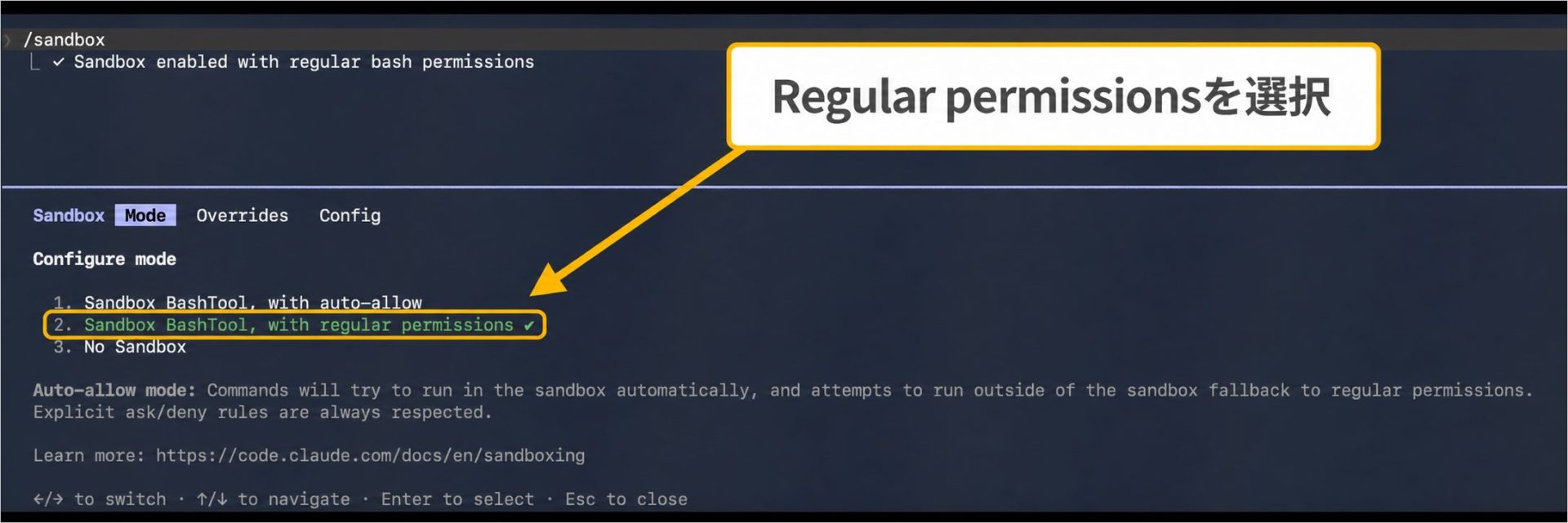 Claude CodeのSandbox画面でregular permissionsを選択した状態