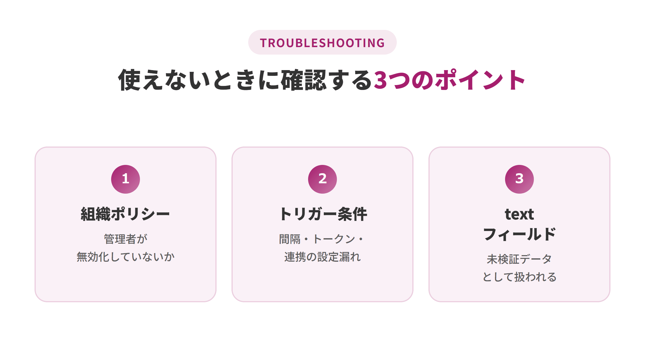 組織ポリシー・トリガー不発・textフィールド制約というRoutinesの3つのつまずきポイントと確認手順の図解