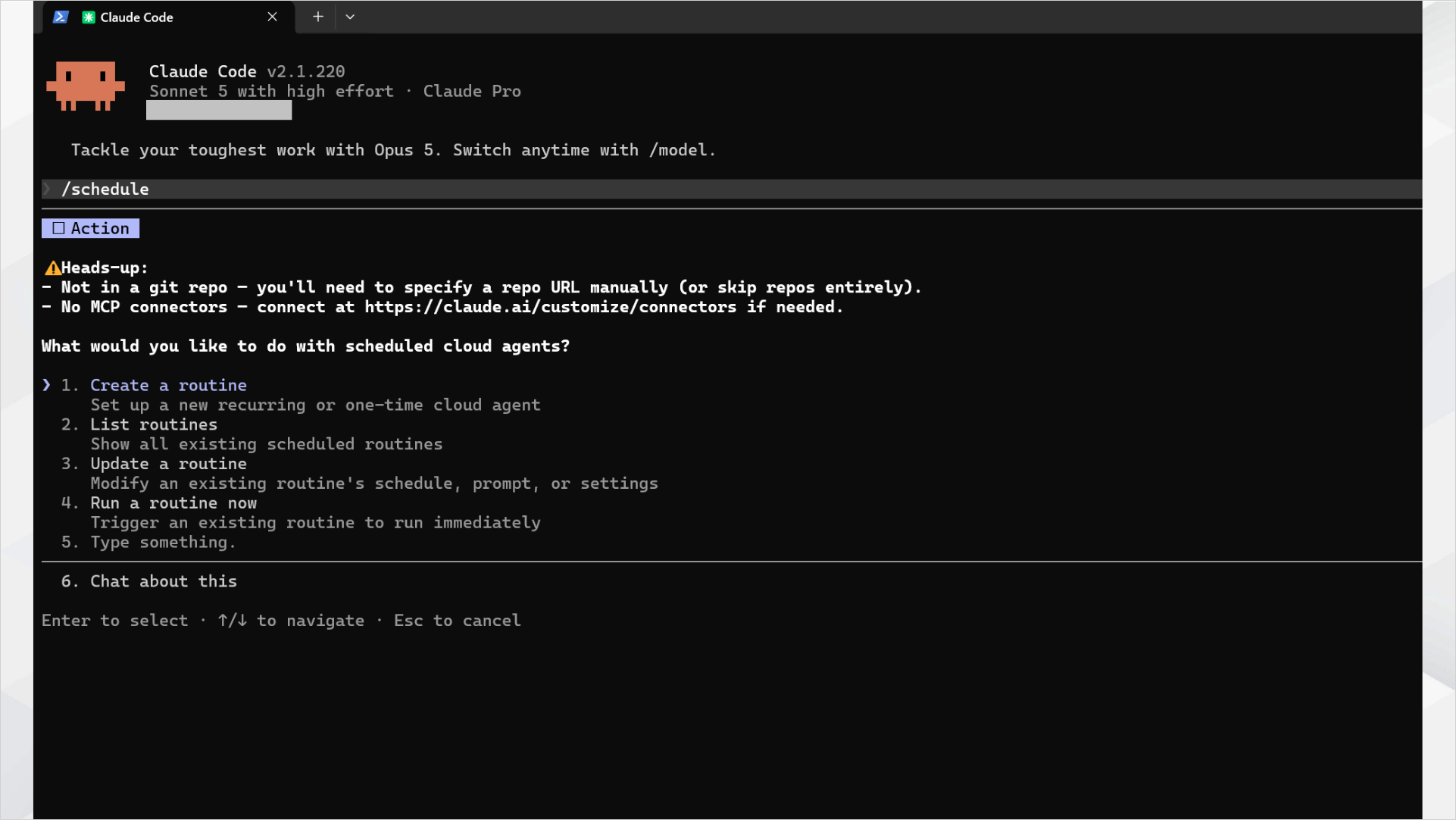 /scheduleコマンド実行後に表示されるCreate・List・Update・Run nowの選択メニュー画面