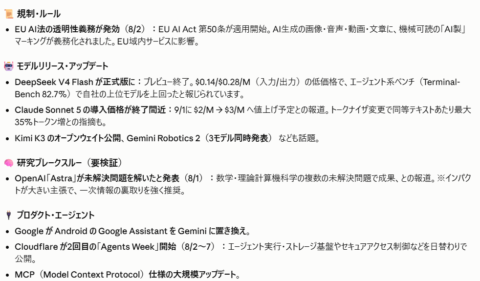 Claude Codeが生成AIの直近ニュースを規制・モデル・研究・プロダクトのカテゴリ別に要約した画面