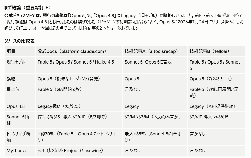 Claude Codeが公式ドキュメントと技術記事2本を照合し、3ソースの比較表を作成した画面