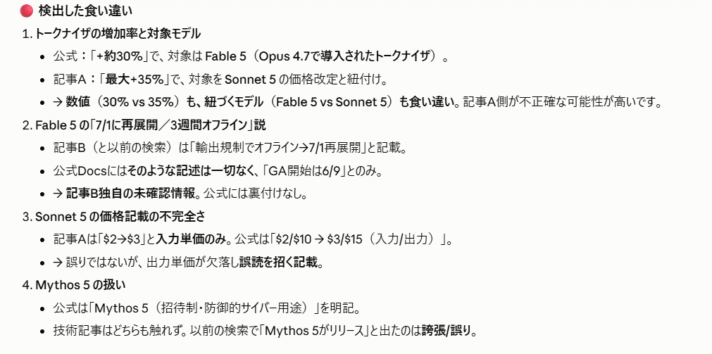 Claude Codeが3つの情報源の食い違いを4項目に分けて指摘した画面