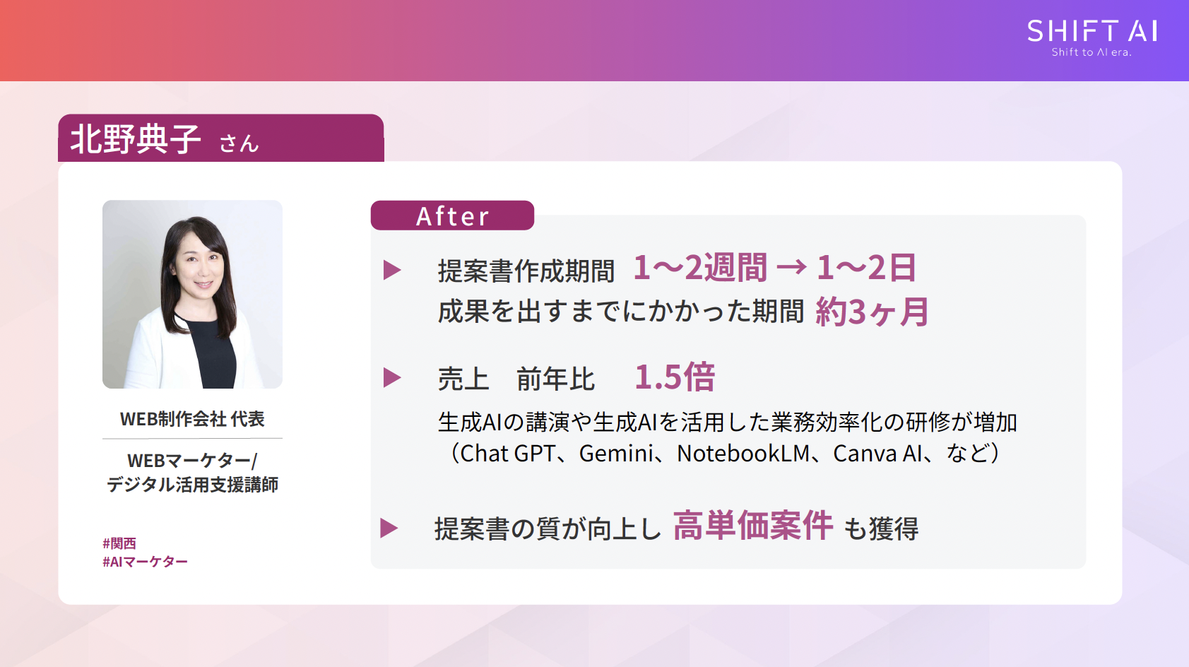 【個人でできる】AI起業のアイデアと収益モデル6つ/【業界経験あり】AIコンサル・業務改善支援/北野典子さんの事例