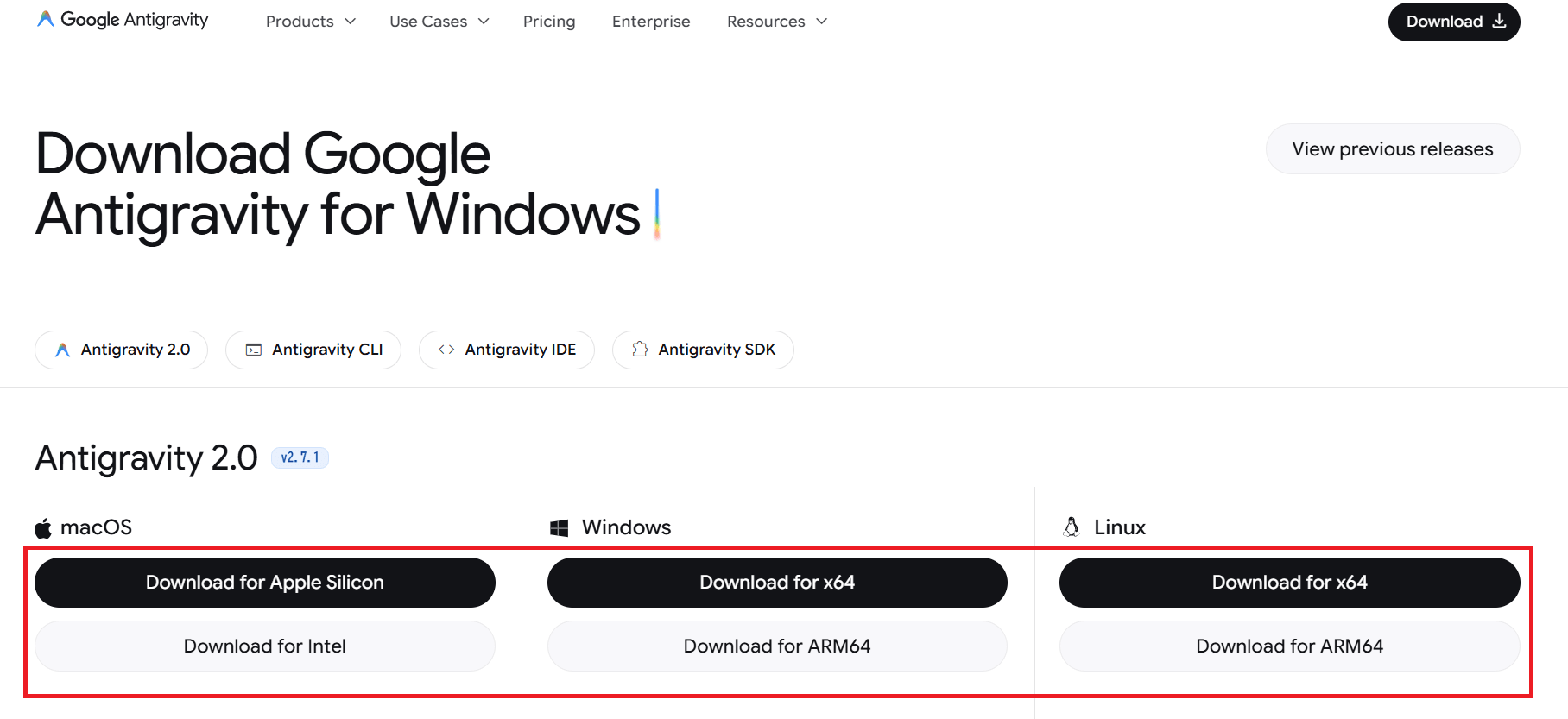 Google Antigravity公式のダウンロードページ。macOS・Windows・Linux別のダウンロードボタンが並ぶ