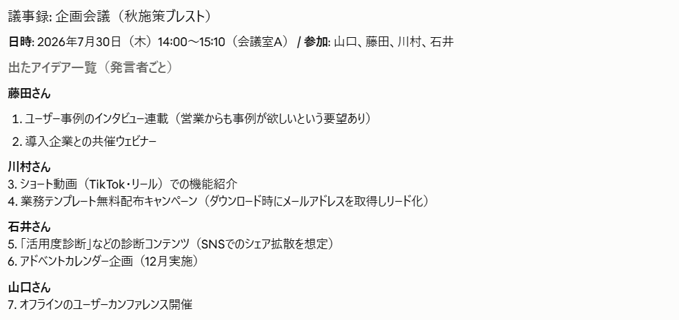 Claude Codeで生成した企画会議(ブレスト)議事録の例。発言者ごとに出たアイデアが一覧化されている