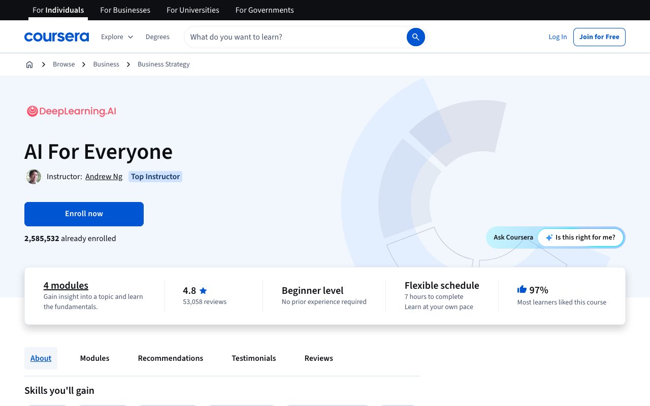 AI For Everyone（DeepLearning.AI）の公式サイト