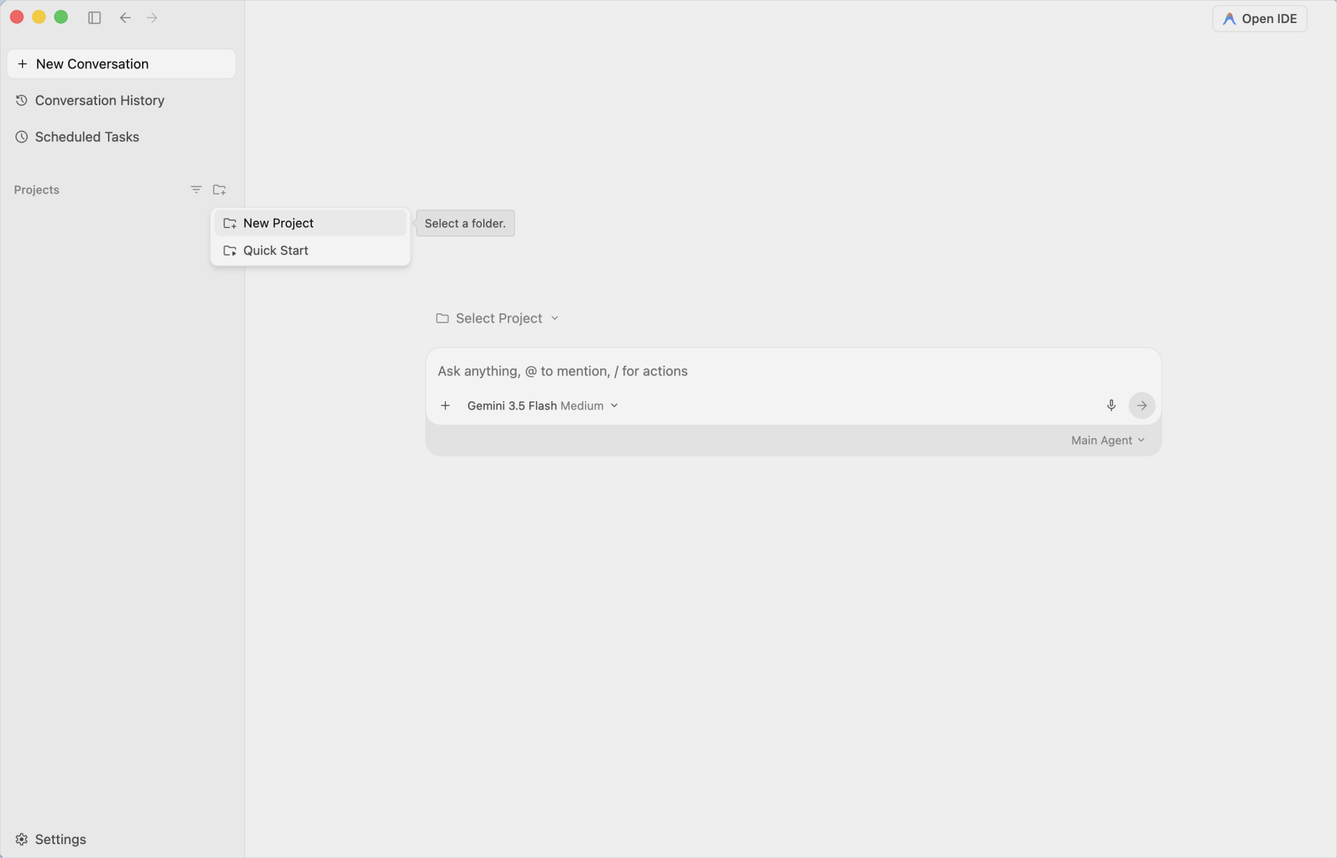 Antigravity 2.0のサイドバーでProjects横のアイコンを押し、New ProjectとQuick Startのメニューを開いた画面