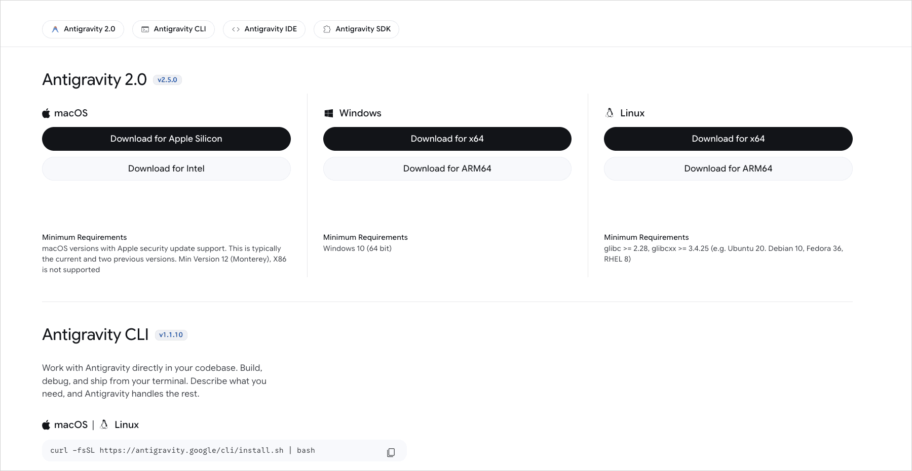 Antigravity公式ダウンロードページで2.0・CLI・IDE・SDKの4つのタブが並び、macOS・Windows・LinuxごとにCPU別のダウンロードボタンが表示された画面