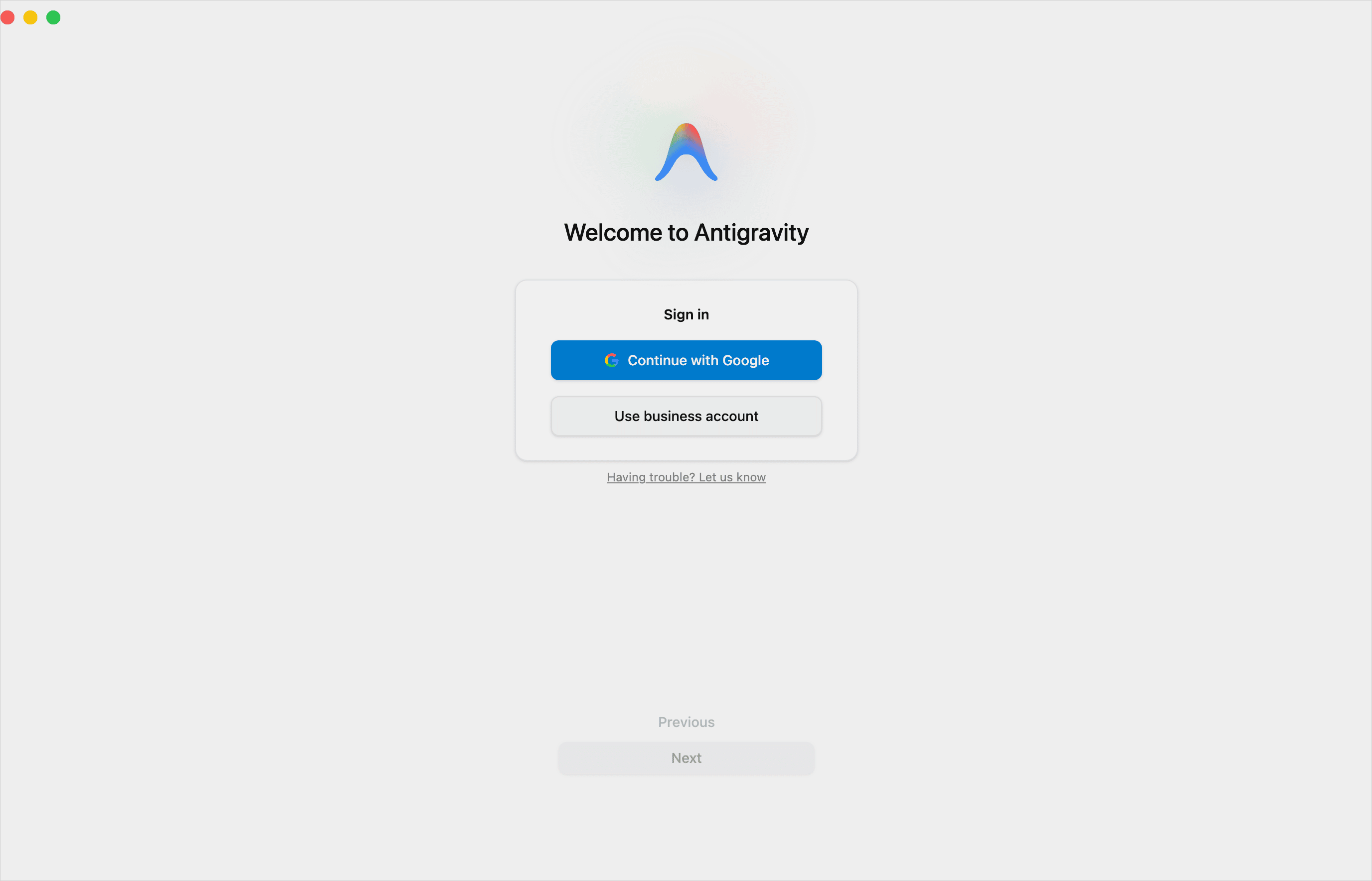 初回起動時のWelcome to Antigravity画面。Continue with GoogleとUse business accountの2つのサインインボタンが並ぶ状態