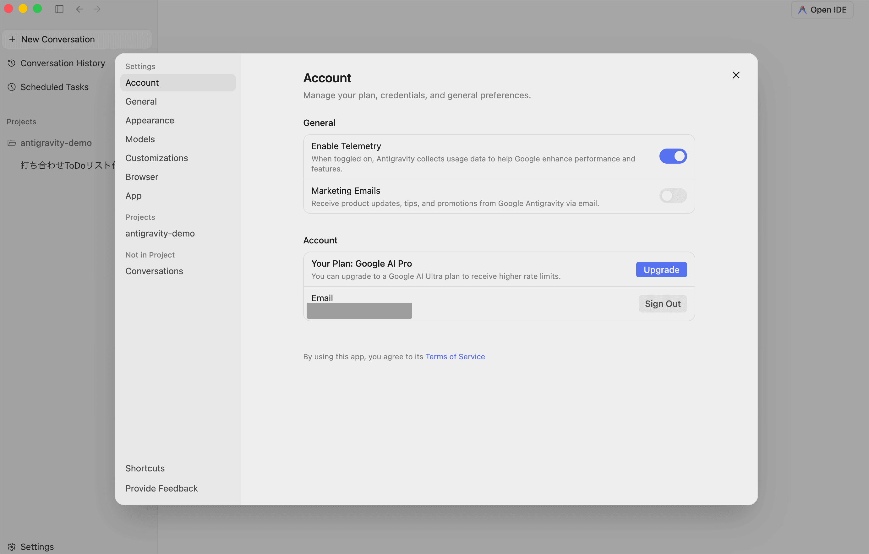 Antigravity 2.0の設定のAccount画面。Enable Telemetryがオン、Marketing Emailsがオフの初期状態で並んでいる