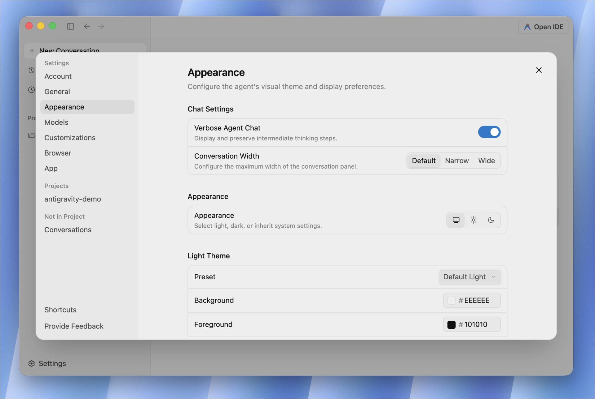 Google AntigravityのAppearance設定でテーマと会話幅を変更する