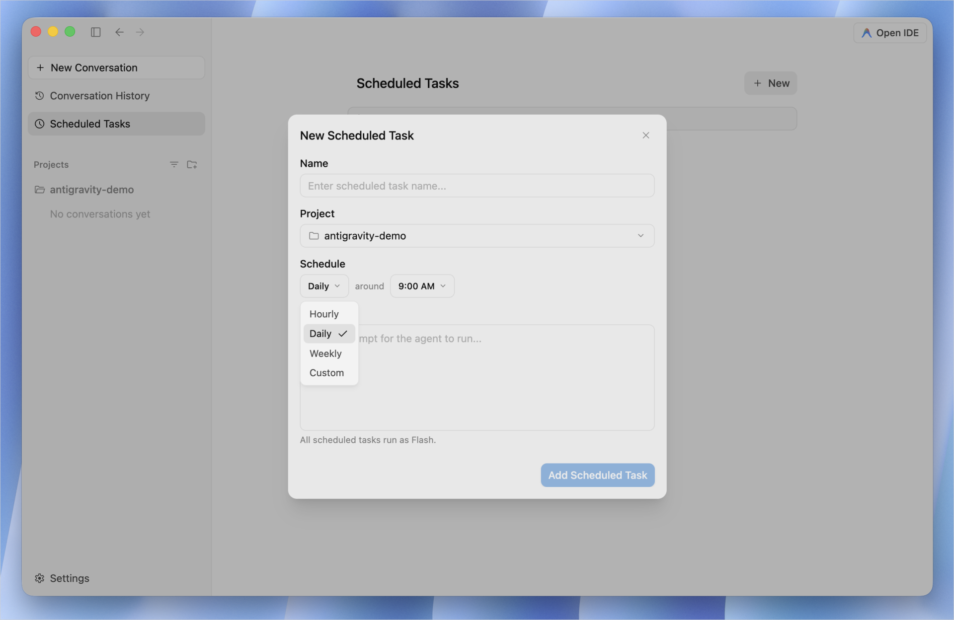 Google AntigravityのScheduled Tasksで実行するタイミングを選ぶ登録画面
