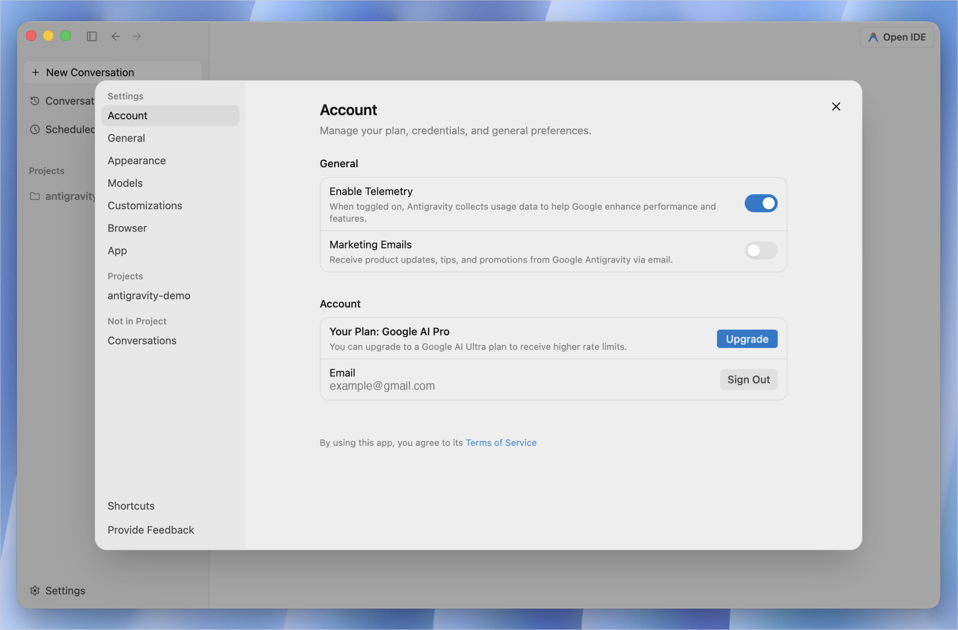 Google AntigravityのSettingsのAccount画面でEnable Telemetryをオフにする