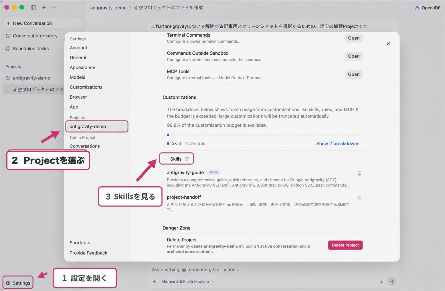 Antigravity 2.0でProjectのSkills一覧を確認するSettings画面