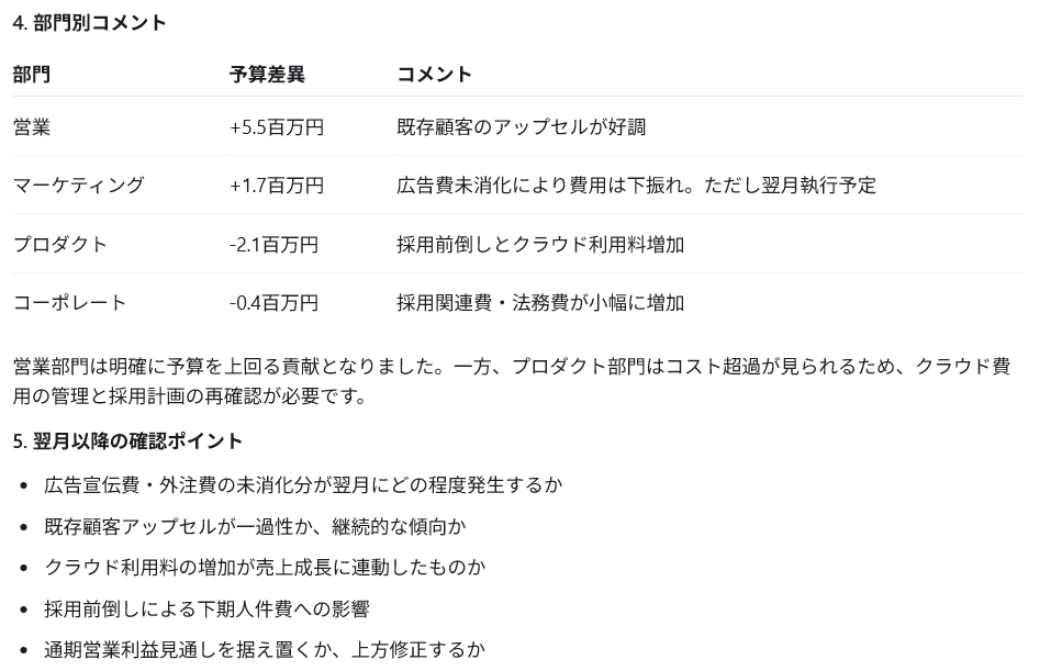 ChatGPT Workが生成した月次予算差異分析の部門別コメントと翌月の確認ポイント