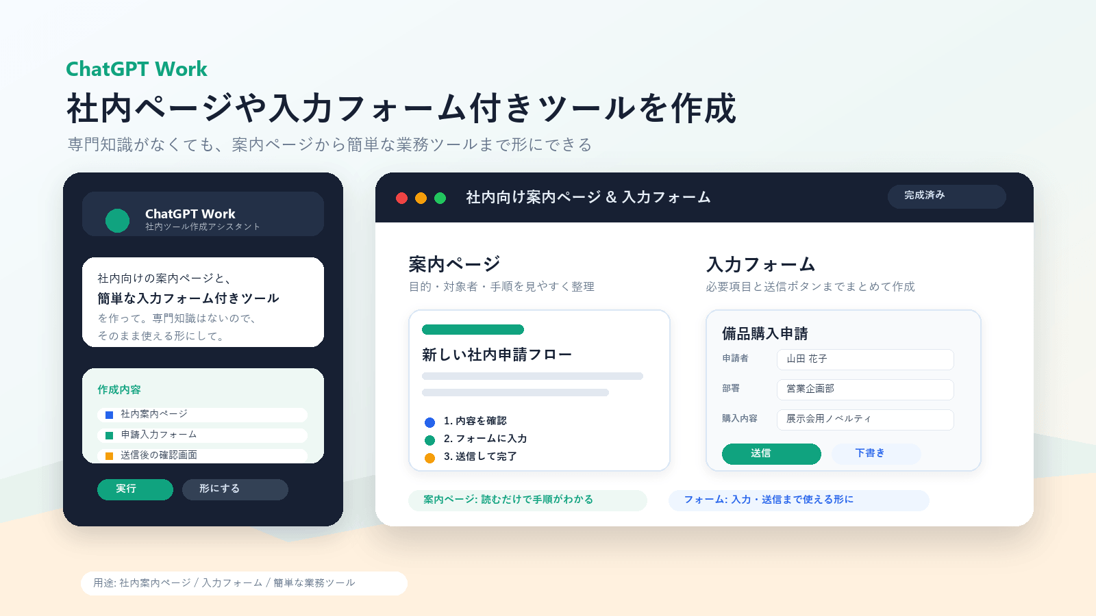 ChatGPT Workで社内向け案内ページと入力フォーム付きツールを作成するイメージ図