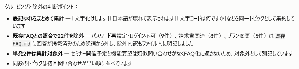 Claude Code FAQ候補のグルーピングと既存FAQ除外の判断ポイントを示した出力画面