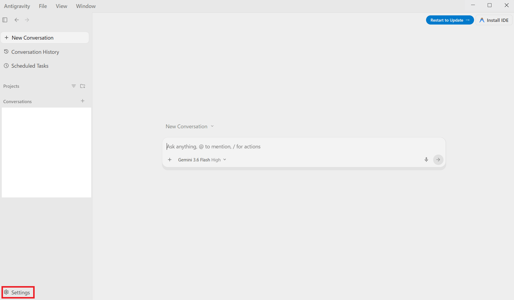 Antigravityの左サイドバー下部にあるSettingsをクリックする画面