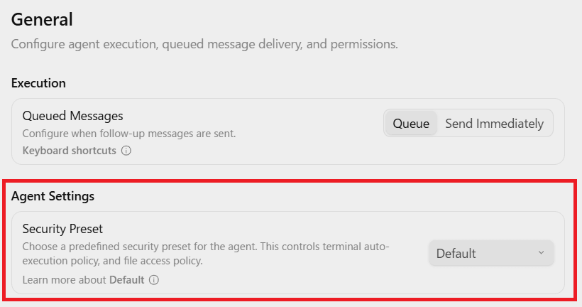 AntigravityのAgent SettingsにあるSecurity Presetの選択欄