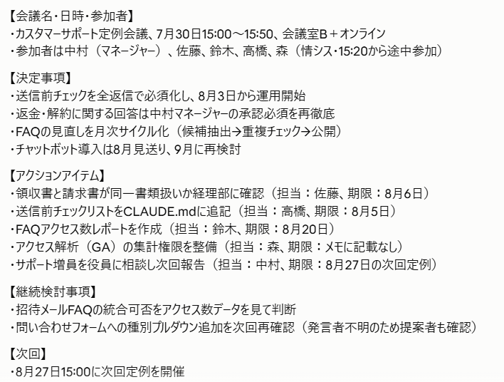 指定したフォーマット(会議名・決定事項・アクションアイテムなど)どおりにClaude Codeが出力した議事録の例